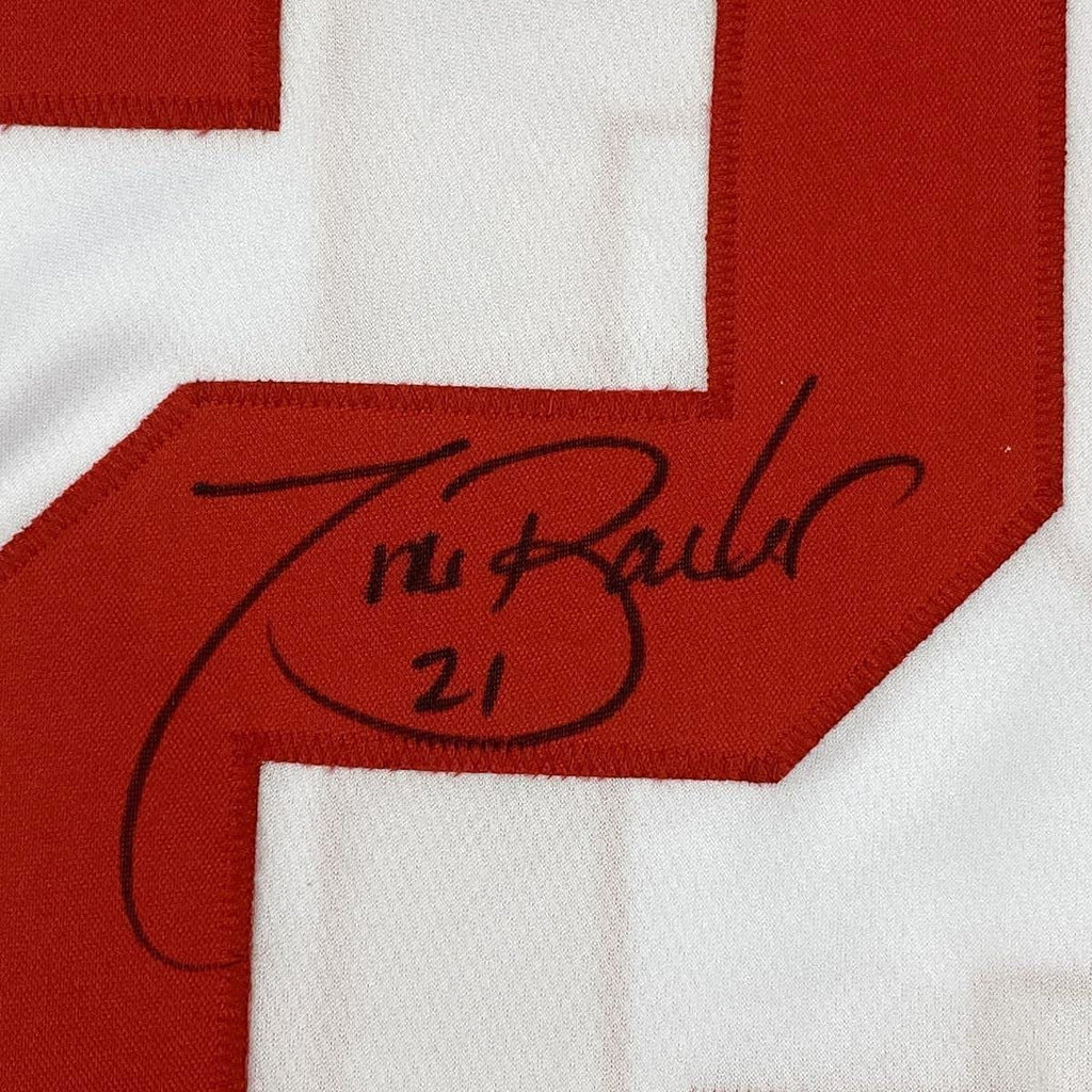 Framed Autographed/Signed Tiki Barber 35x39 New York White Football Jersey JSA COA