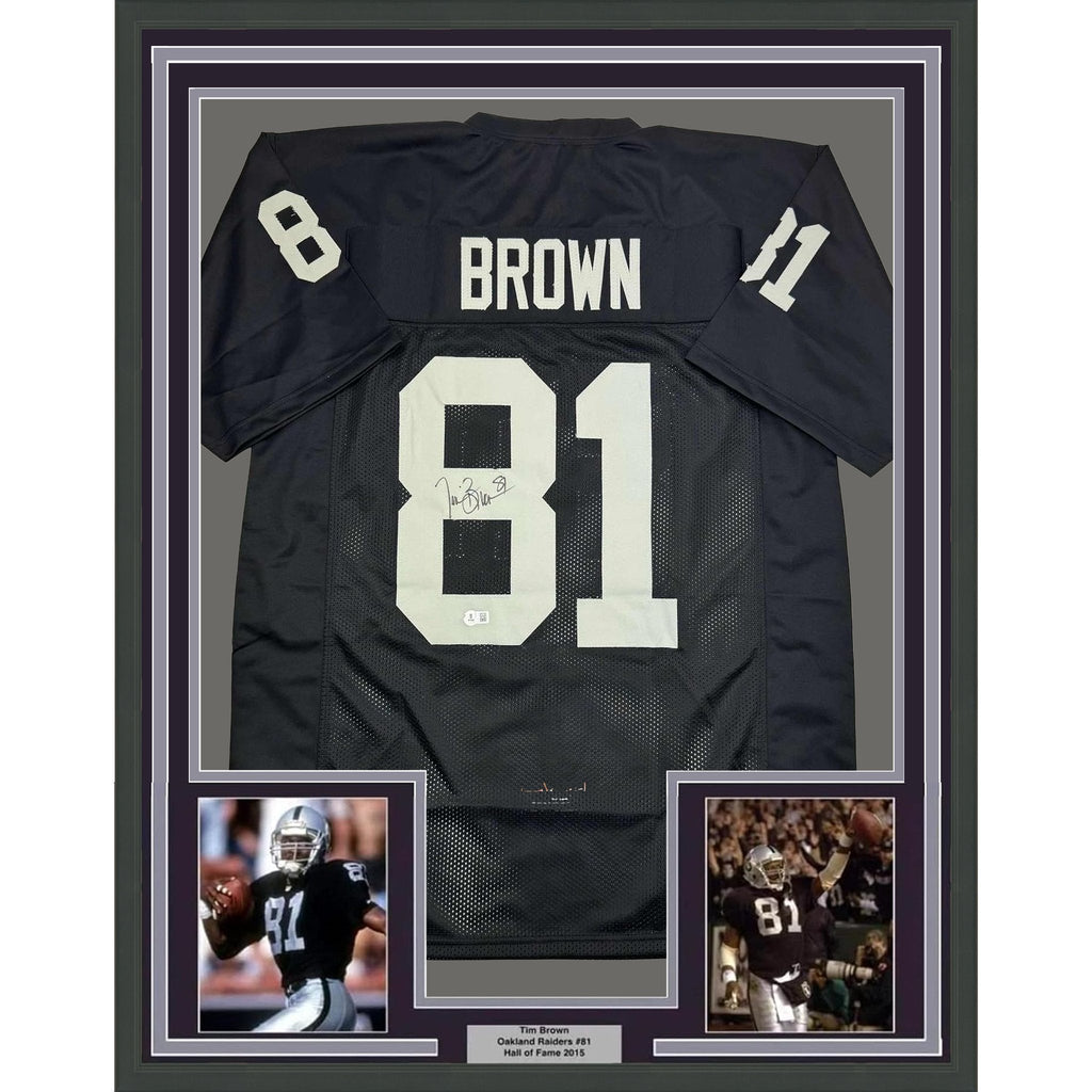 Framed Autographed/Signed Tim Brown 35x39 Oakland Black Football Jersey Beckett BAS COA