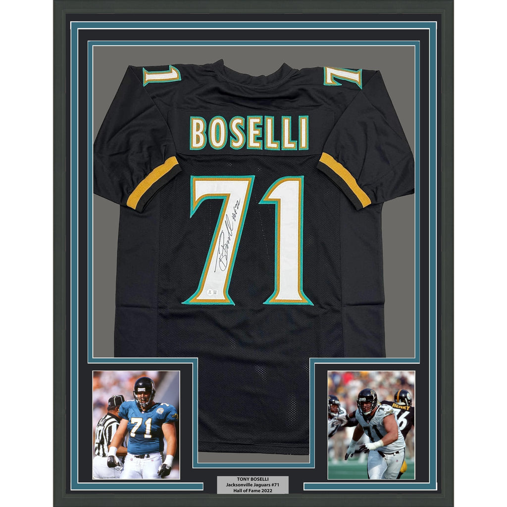 Framed Autographed/Signed Tony Boselli 35x39 HOF 22 Jacksonville Black Football Jersey Beckett BAS COA