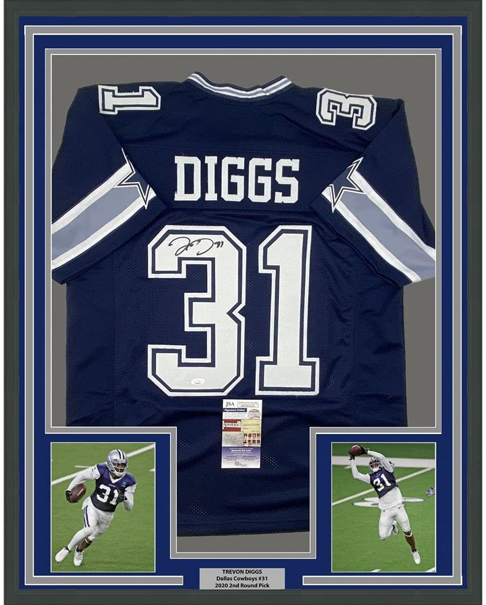 Framed Autographed/Signed Trevon Diggs 35x39 Dallas Dark Blue Football Jersey JSA COA