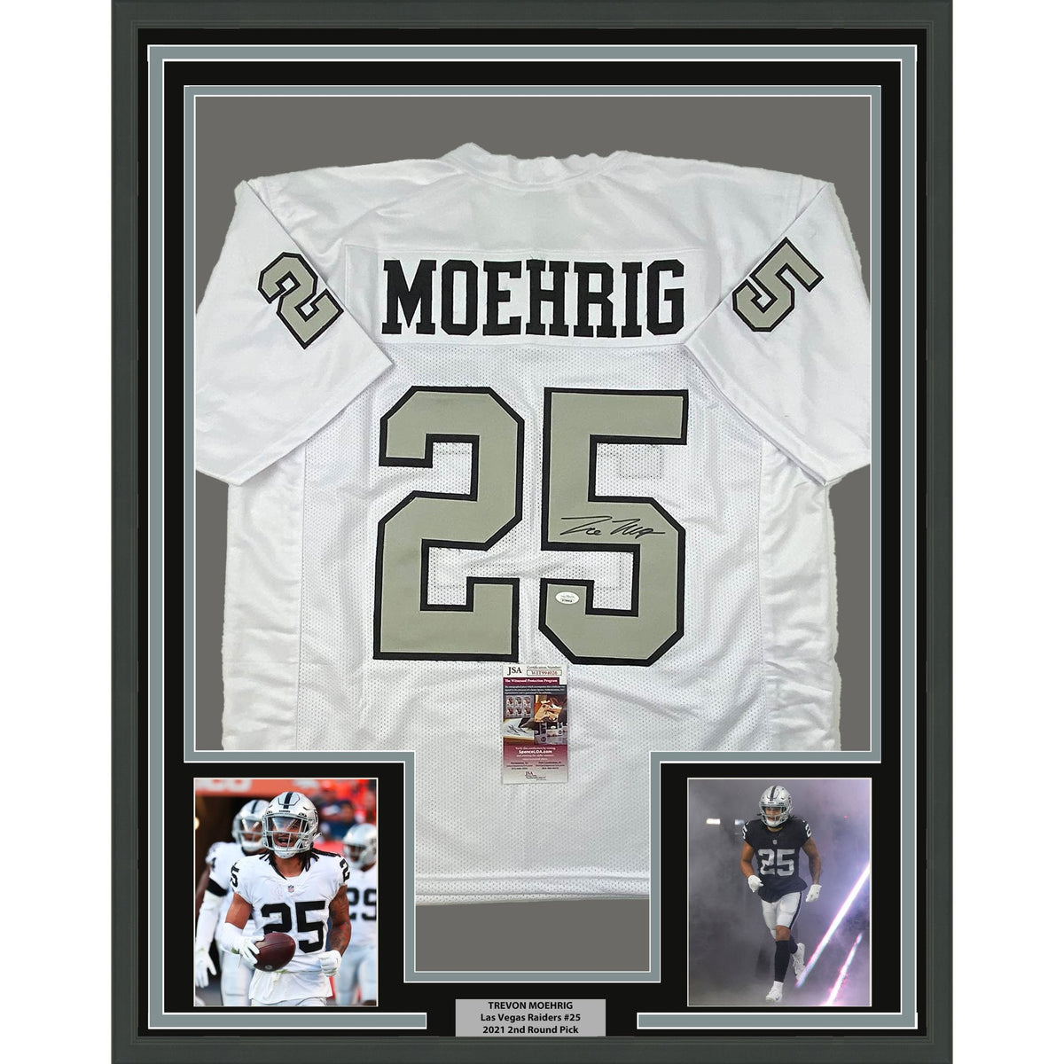 Framed Autographed/Signed Trevon Moehrig 35x39 Las Vegas Oakland White Color Rush Football Jersey JSA COA