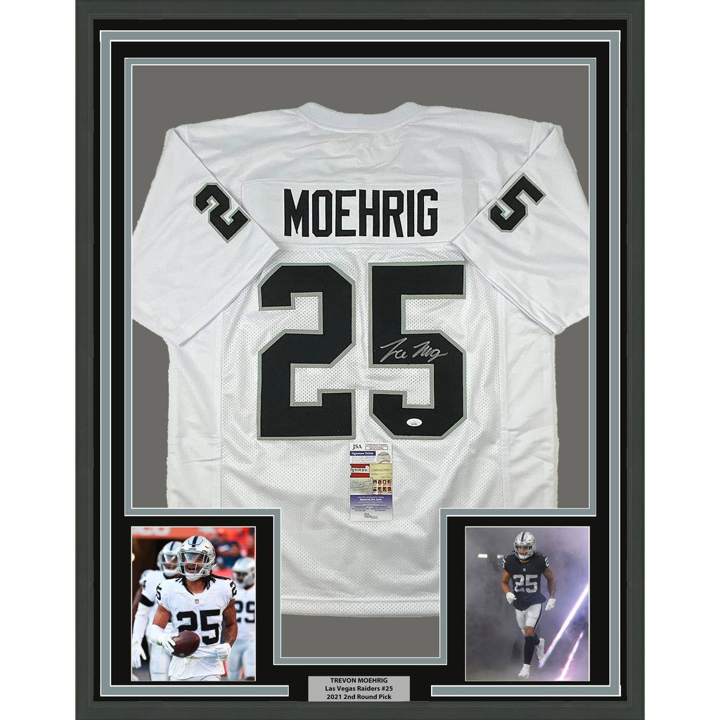 Framed Autographed/Signed Trevon Moehrig 35x39 Las Vegas Oakland White Football Jersey JSA COA