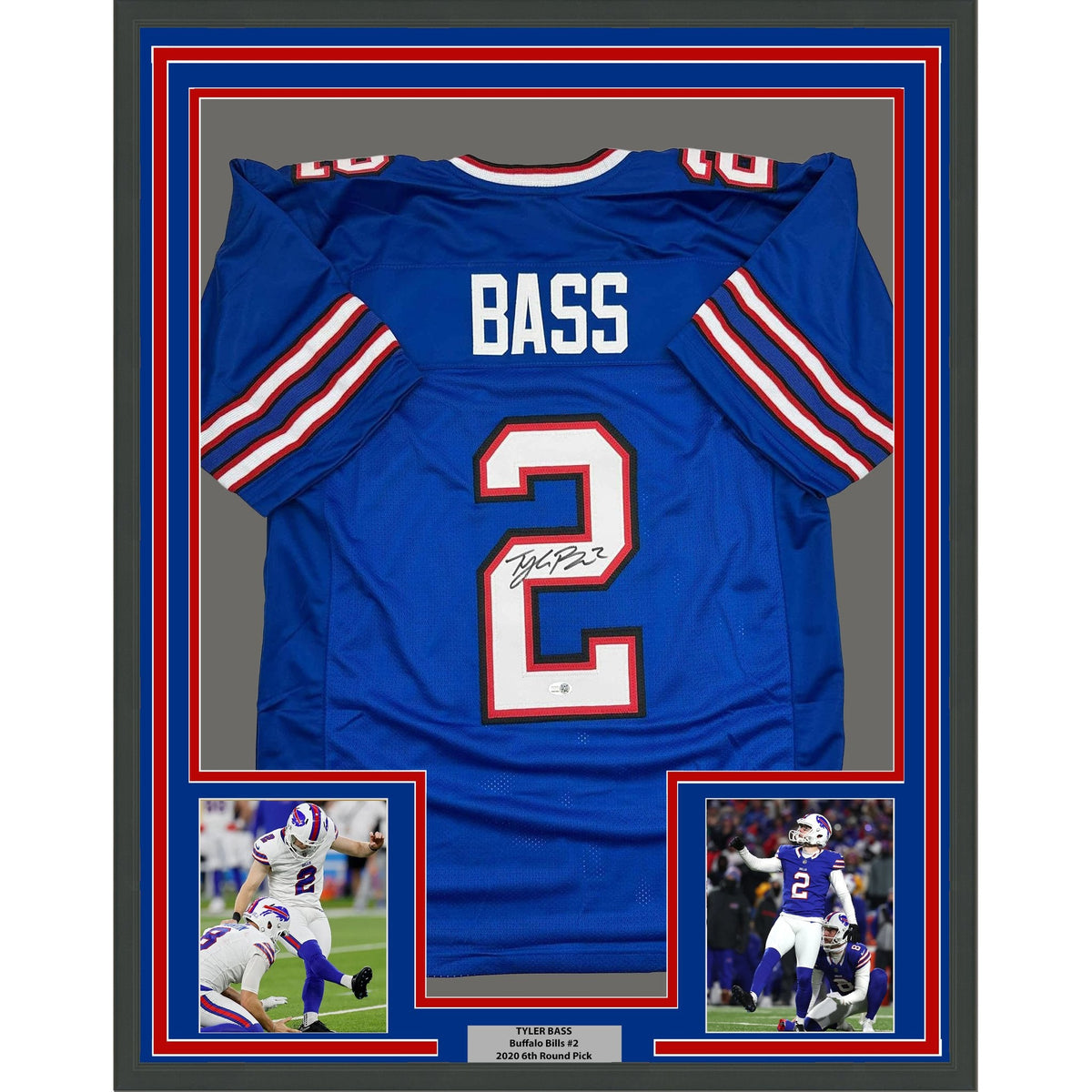 Framed Autographed/Signed Tyler Bass 35x39 Buffalo Blue Football Jersey JSA COA