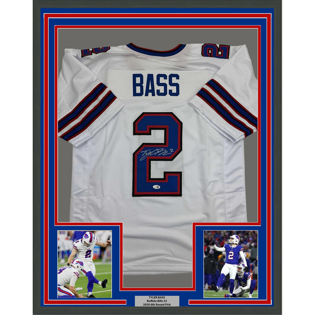 Framed Autographed/Signed Tyler Bass 35x39 Buffalo White Football Jersey JSA COA