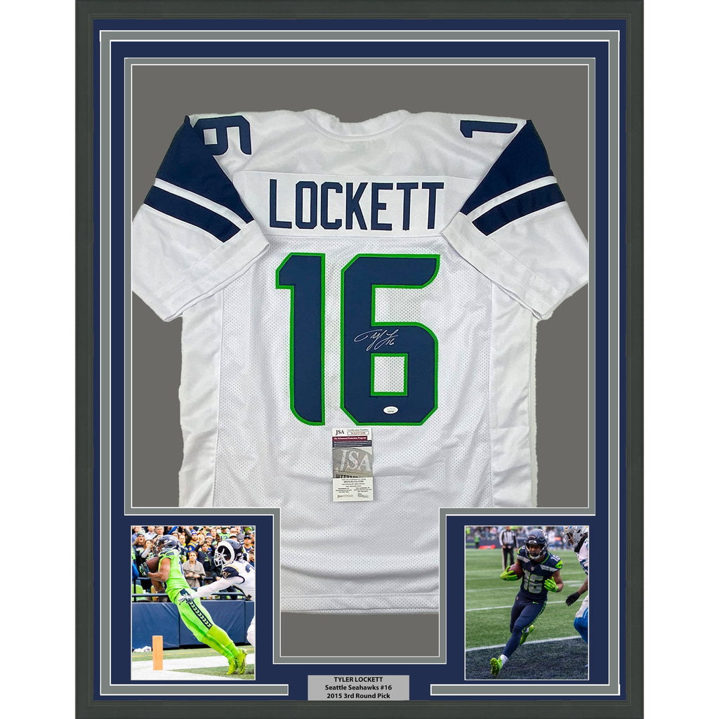 Framed Autographed/Signed Tyler Lockett 35x39 Seattle White Football Jersey JSA COA