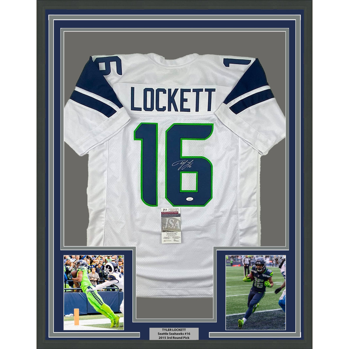 Framed Autographed/Signed Tyler Lockett 35x39 Seattle White Football Jersey JSA COA