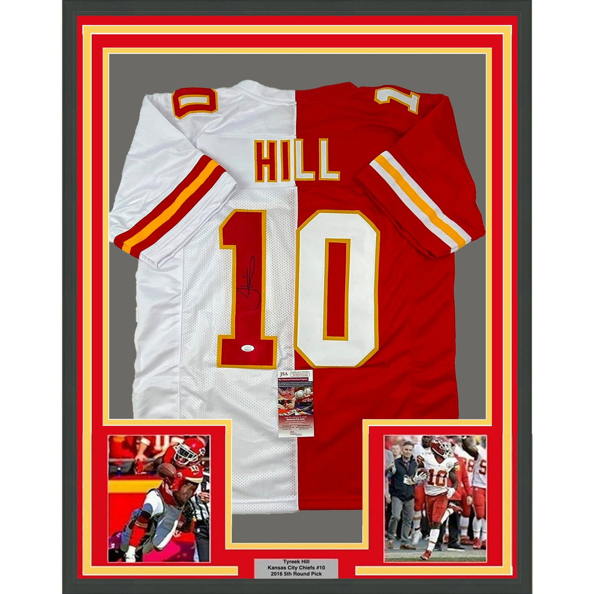 Framed Autographed/Signed Tyreek Hill 35x39 Kansas City Split Red/White Football Jersey JSA COA
