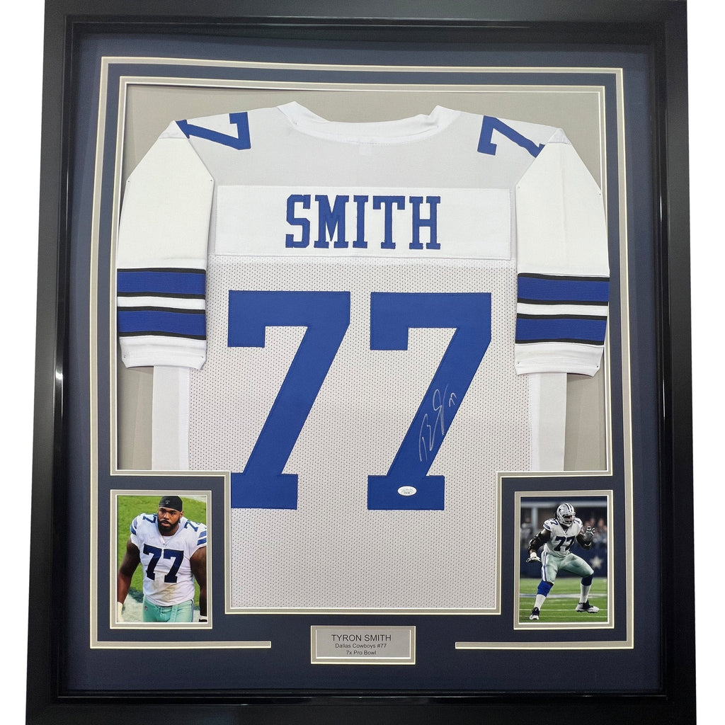 Framed Autographed/Signed Tyron Smith 35x39 Dallas White Football Jersey JSA COA