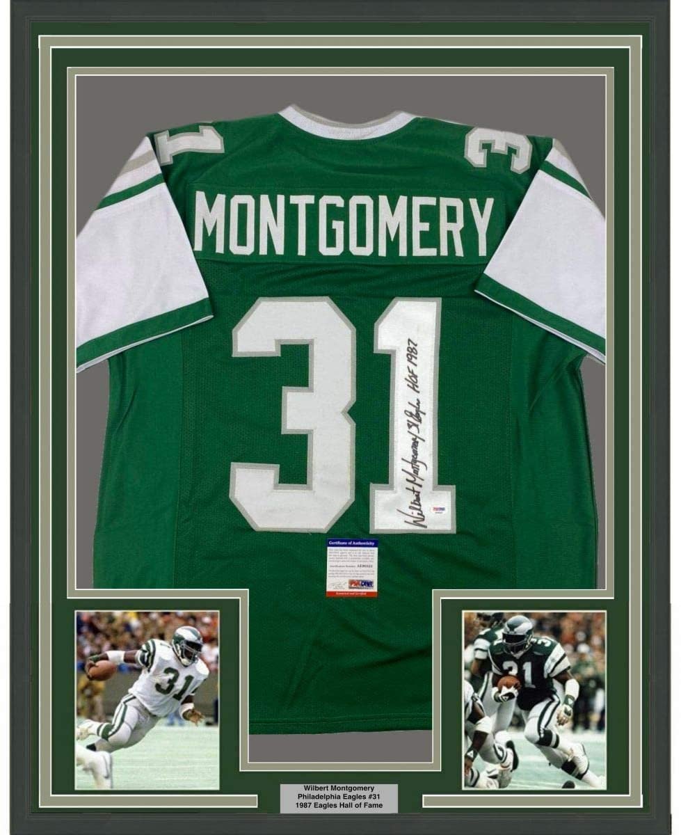Framed Autographed/Signed Wilbert Montgomery Inscribed 35x39 Philadelphia Green Football Jersey PSA/DNA COA