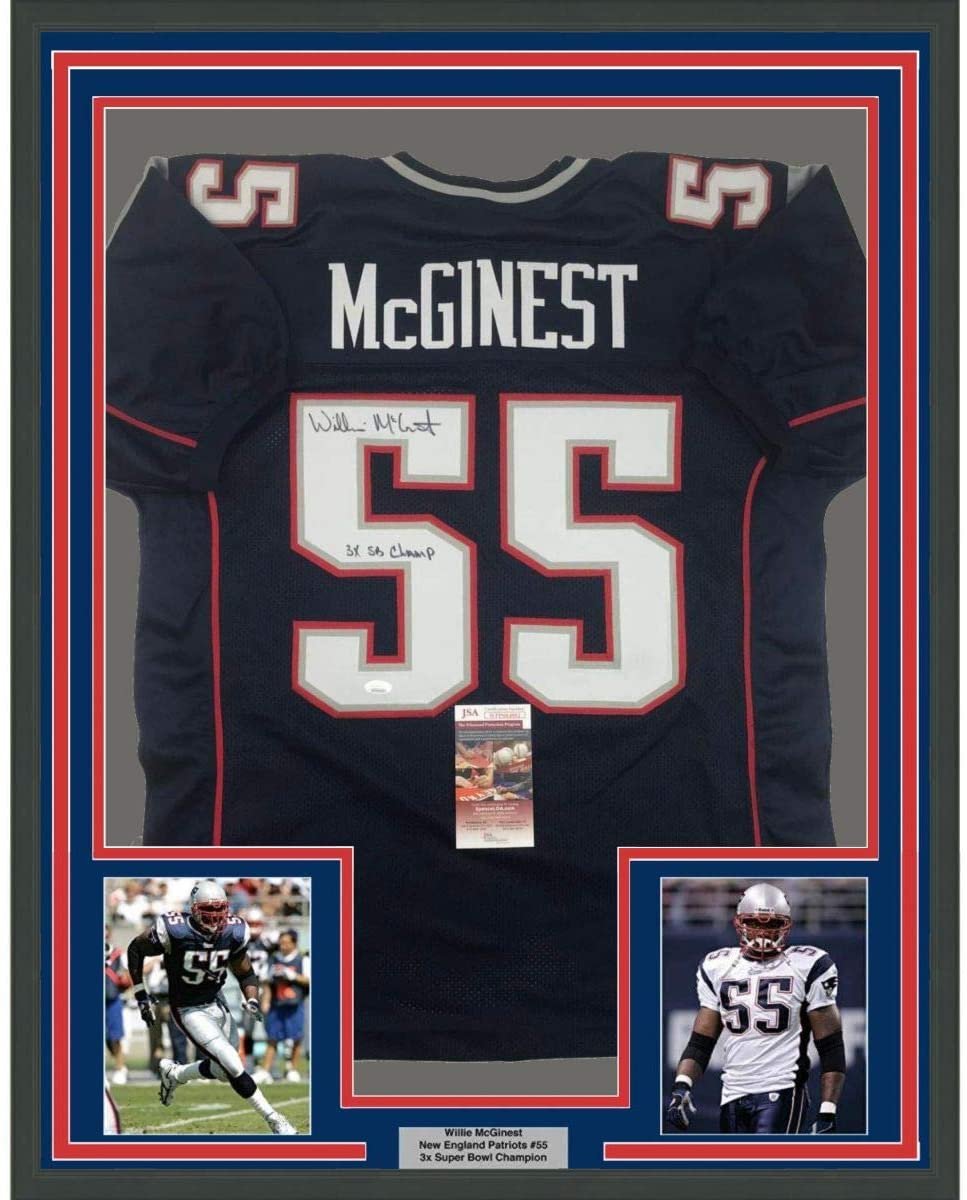 Framed Autographed/Signed Willie McGinest 3x SB Champ 35x39 New England Blue Football Jersey JSA COA