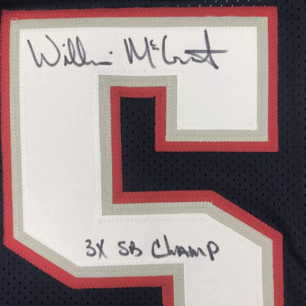 Framed Autographed/Signed Willie McGinest 3x SB Champ 35x39 New England Blue Football Jersey JSA COA