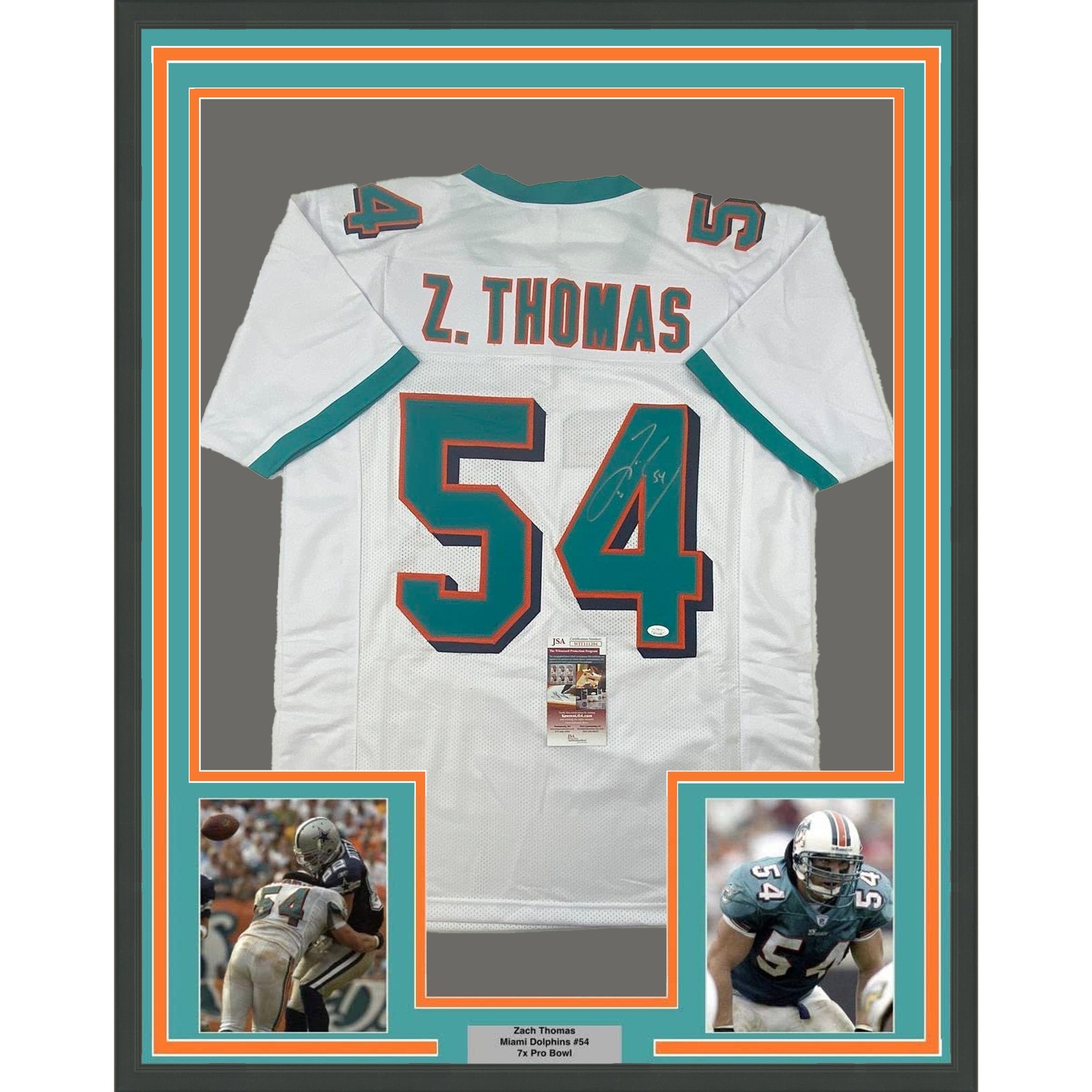 Framed Autographed/Signed Zach Thomas 35x39 Miami White Football Jersey JSA COA