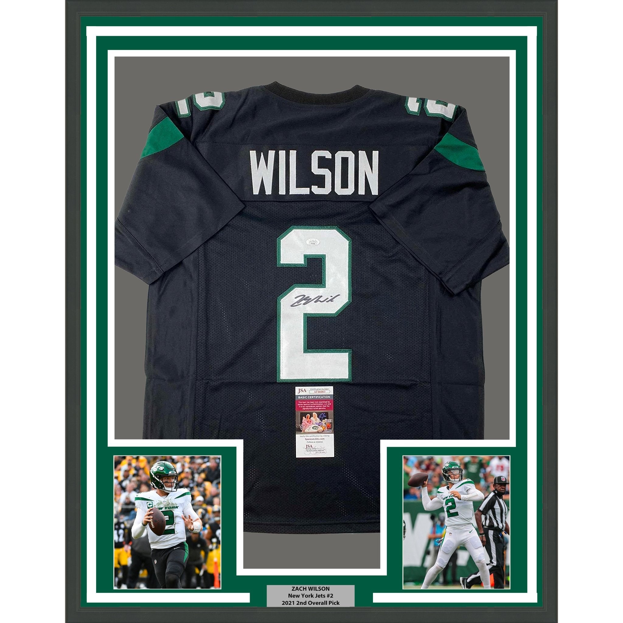 Framed Autographed/Signed Zach Wilson 35x39 New York Black Football Jersey JSA COA