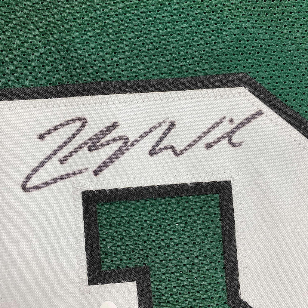 Framed Autographed/Signed Zach Wilson 35x39 New York Green Football Jersey JSA COA