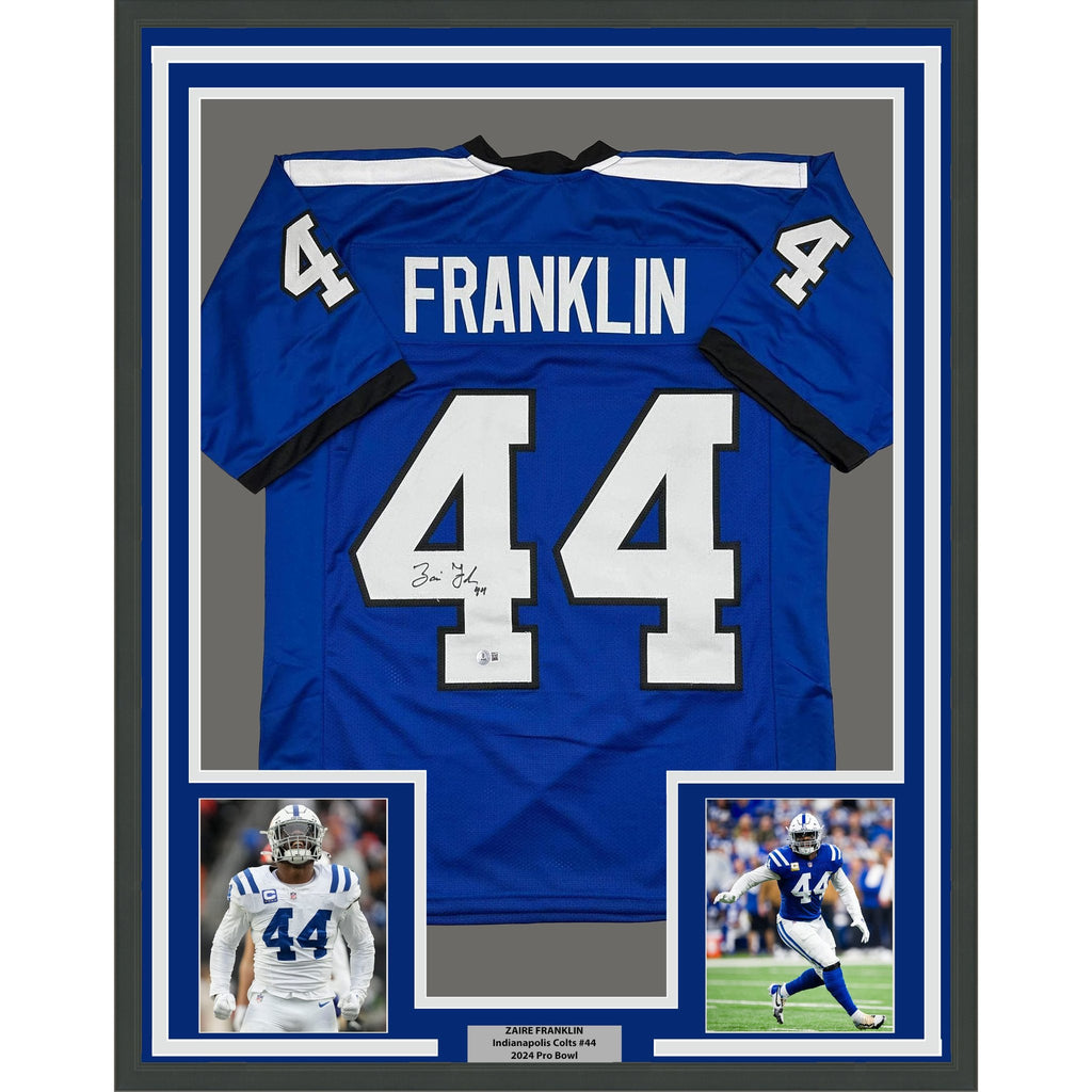 Framed Autographed/Signed Zaire Franklin 35x39 Indianapolis 2025 Style Blue Football Jersey Beckett BAS COA