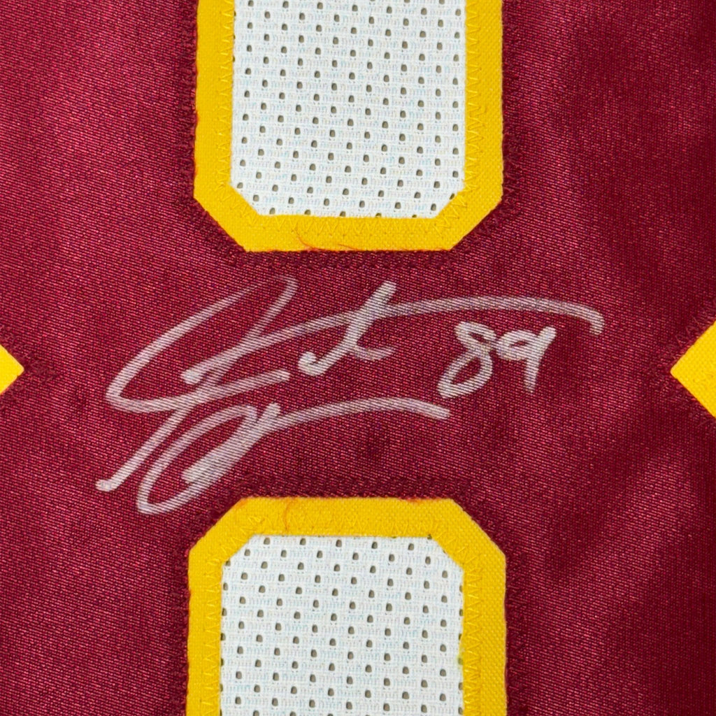 Framed Autographed/Signed Santana Moss 35x39 Washington White Football Jersey JSA COA