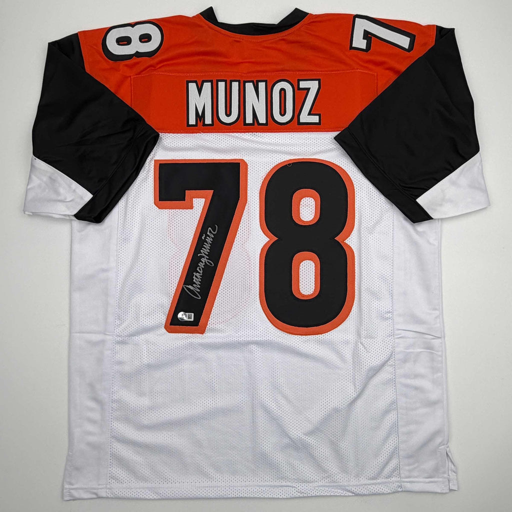 Autographed/Signed Anthony Munoz Cincinnati White Football Jersey Beckett BAS COA