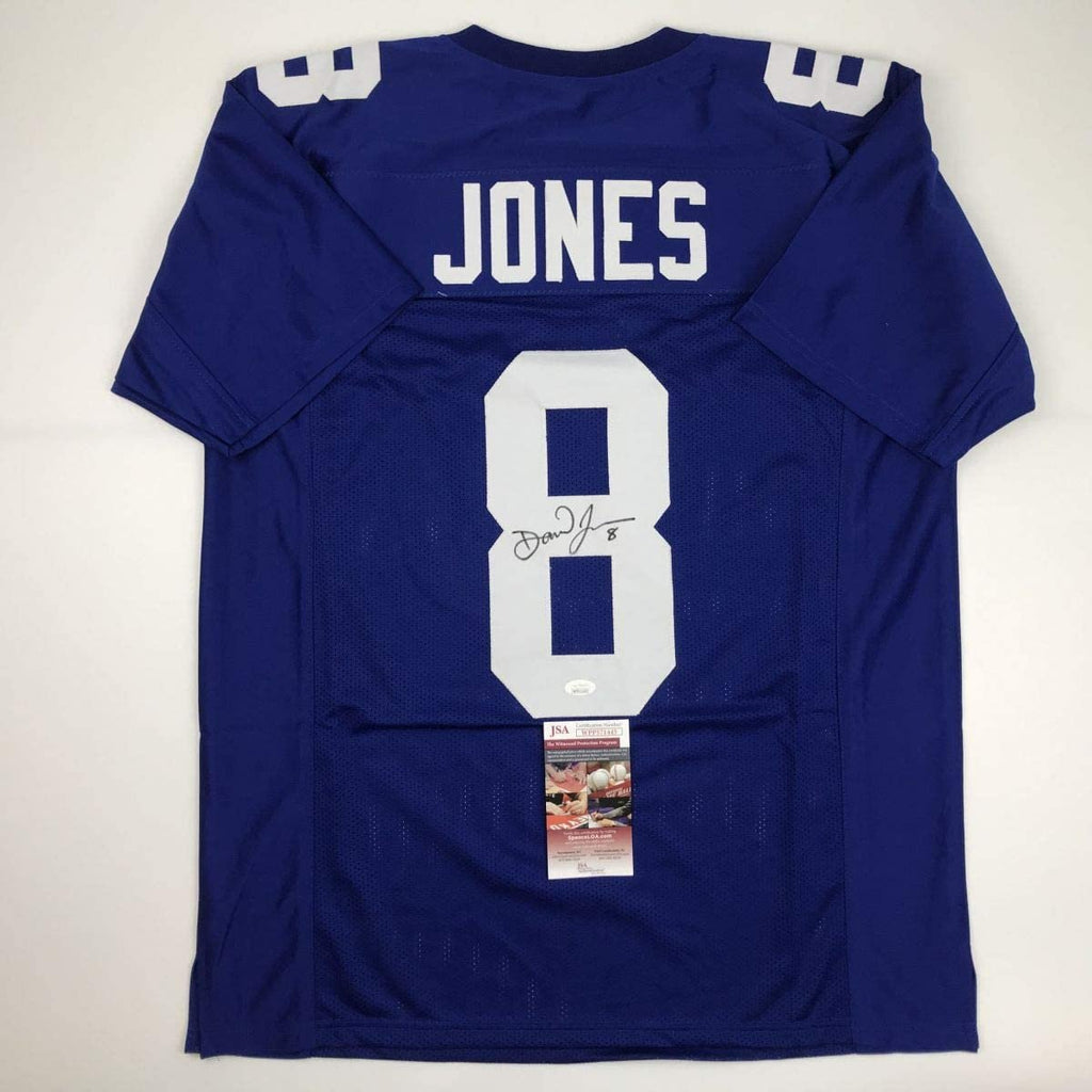 Autographed/Signed Daniel Jones New York Blue Football Jersey JSA COA