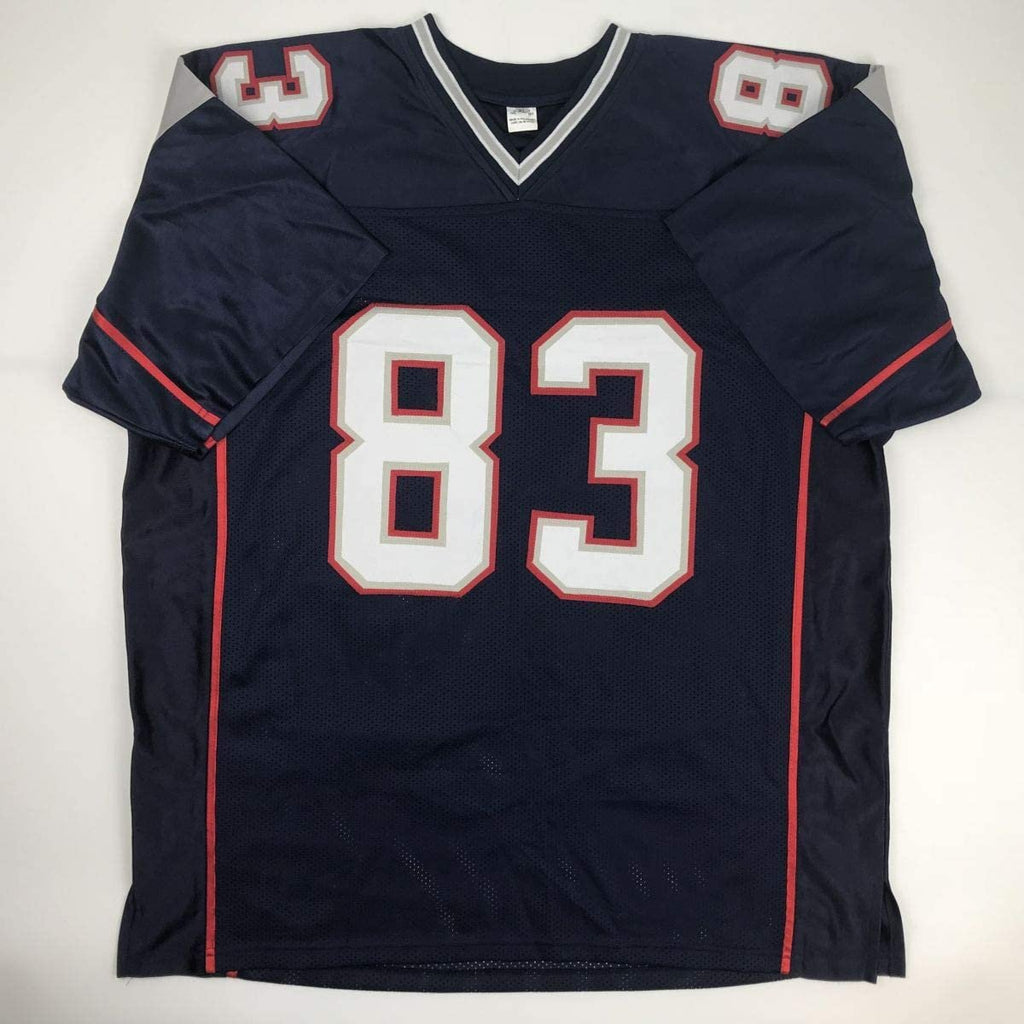 Autographed/Signed Deion Branch Super Bowl XXXIX MVP New England Blue Football Jersey Tristar COA