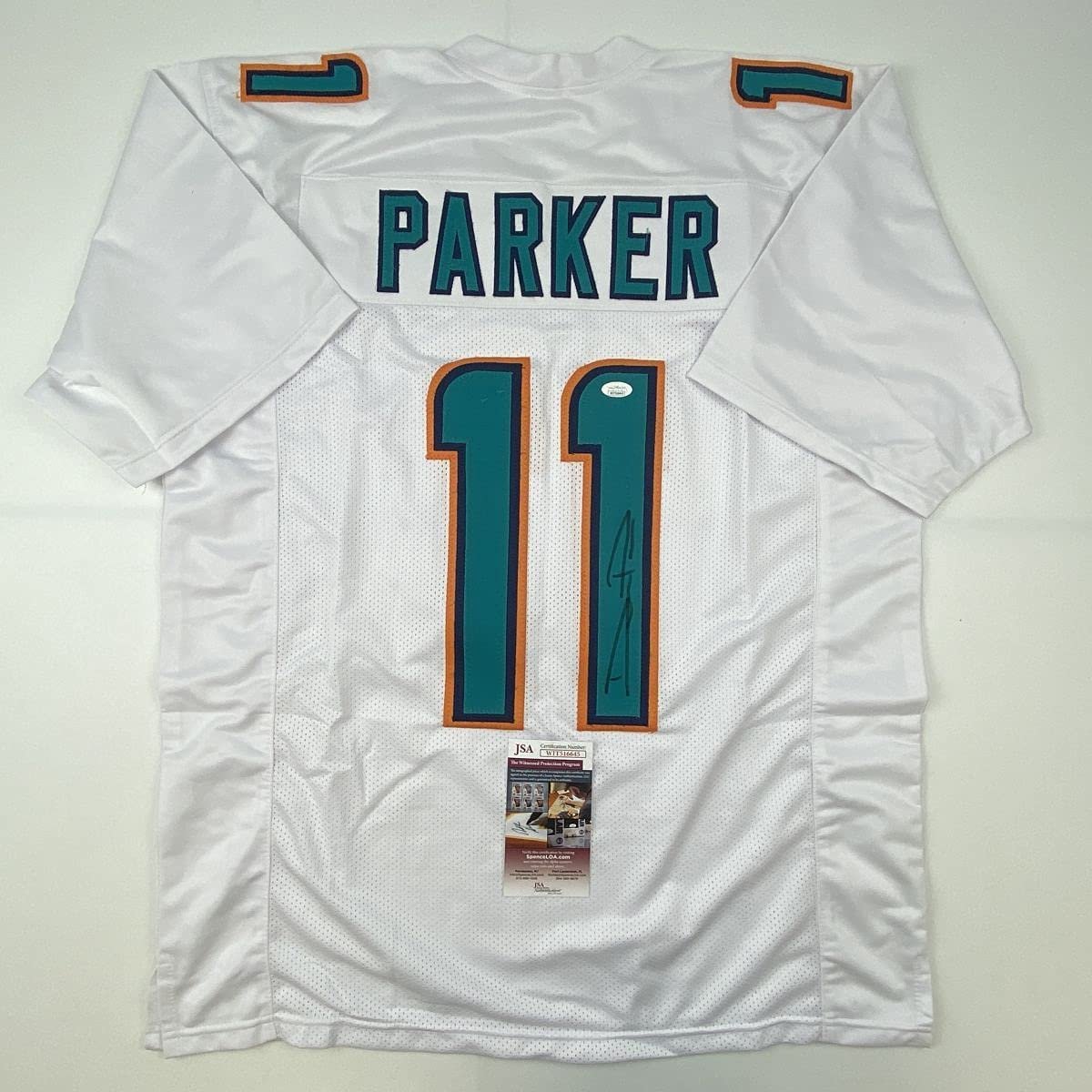 Autographed/Signed Devante Parker Miami White Football Jersey JSA COA
