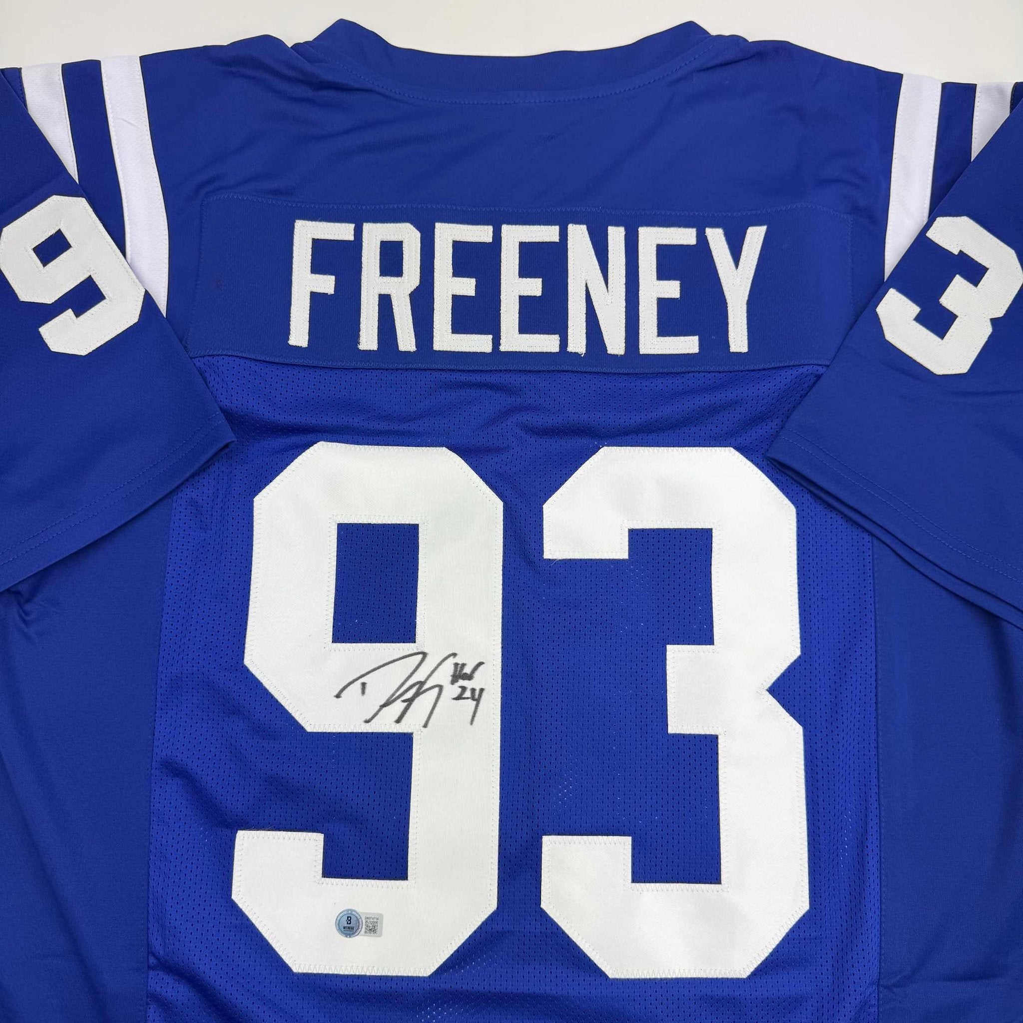 Autographed/Signed Dwight Freeney Indianapolis Blue Football Jersey Beckett BAS COA