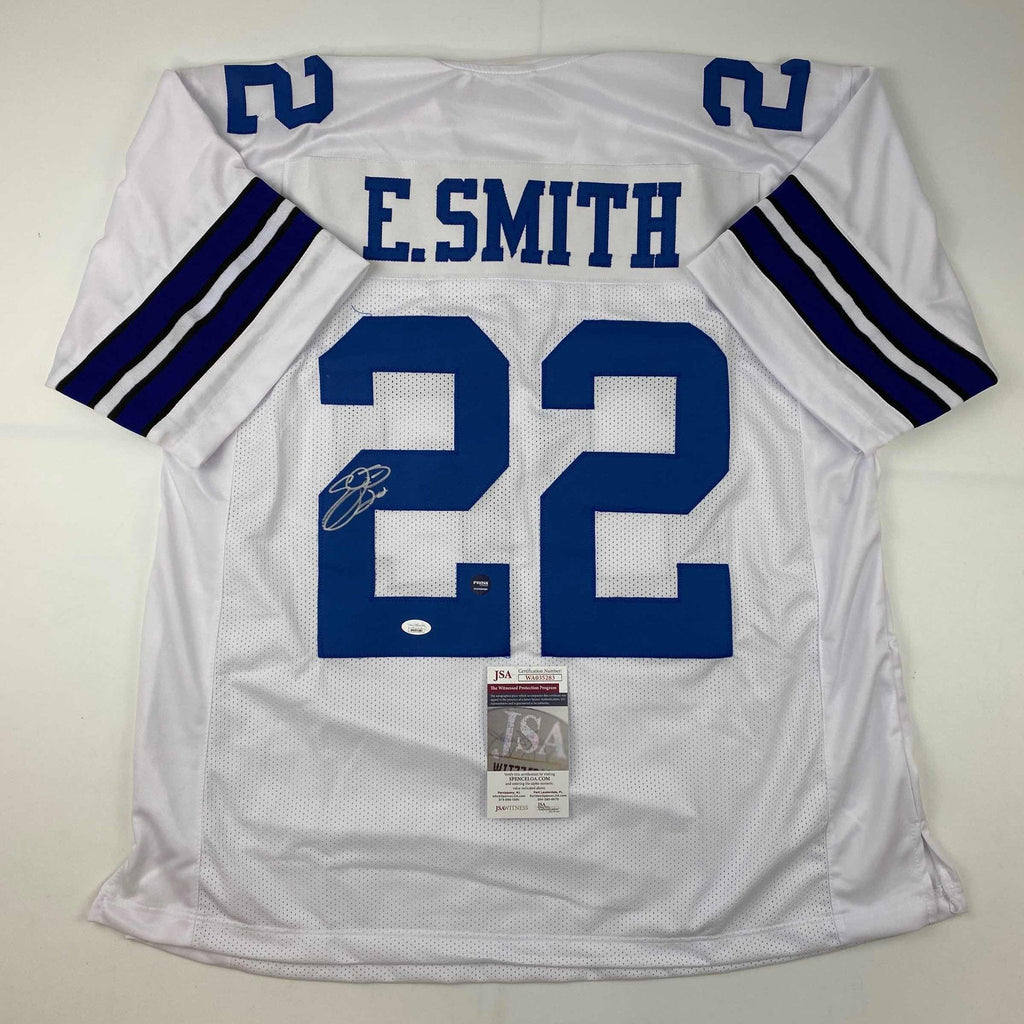 Autographed/Signed Emmitt Smith Dallas White Football Jersey JSA COA