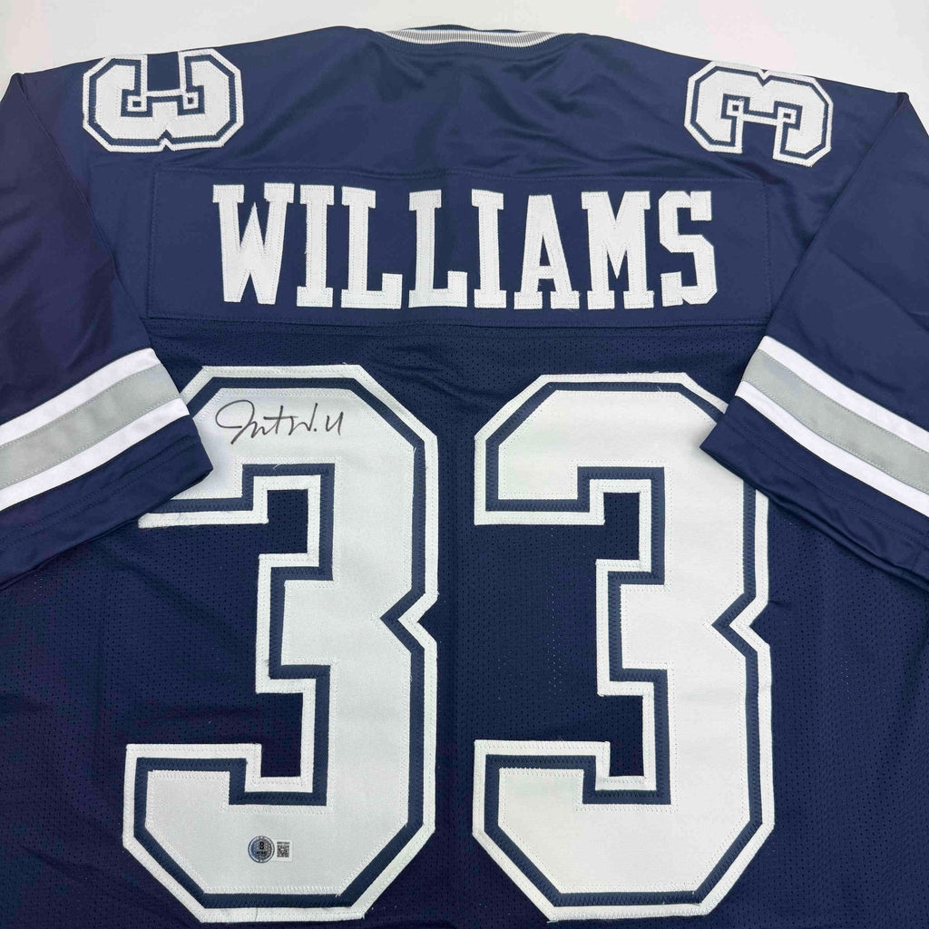 Autographed/Signed Javonte Williams Dallas Blue Football Jersey Beckett BAS COA