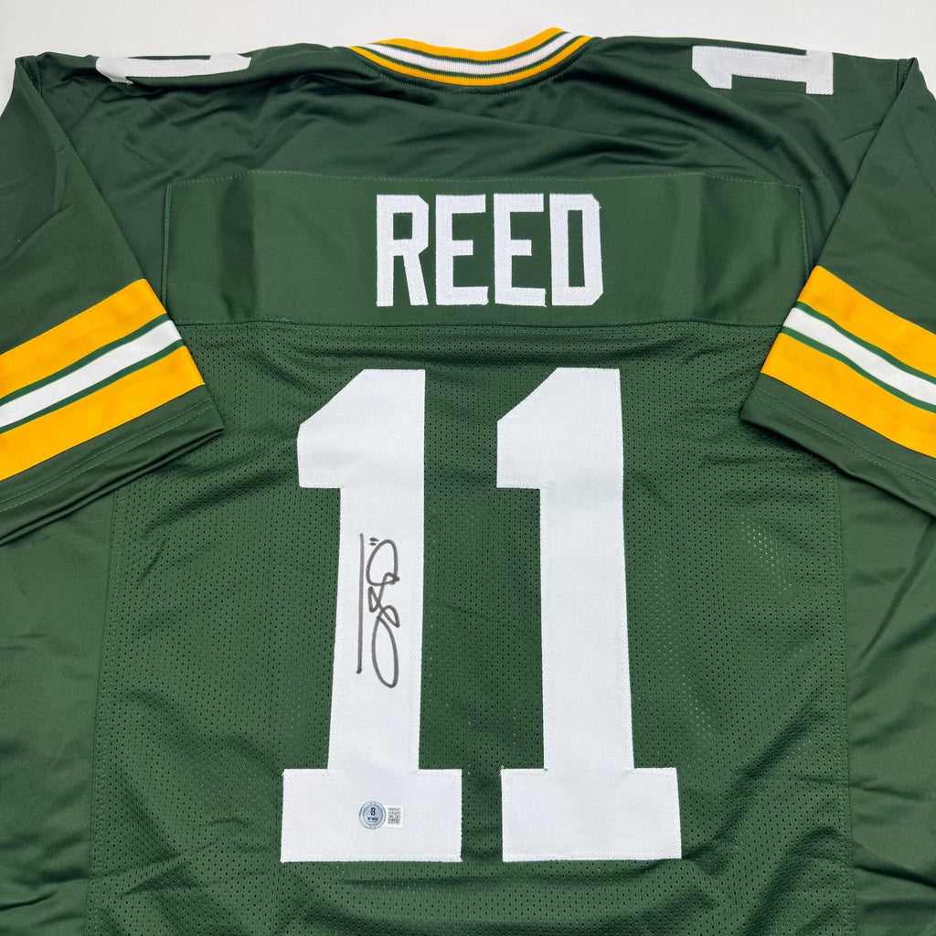 Autographed/Signed Jayden Reed Green Bay Green Football Jersey Beckett BAS COA