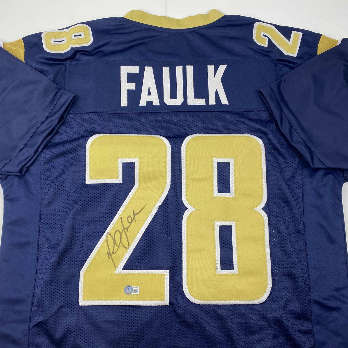 Autographed/Signed Marshall Faulk St. Louis Navy Blue Football Jersey Beckett BAS COA
