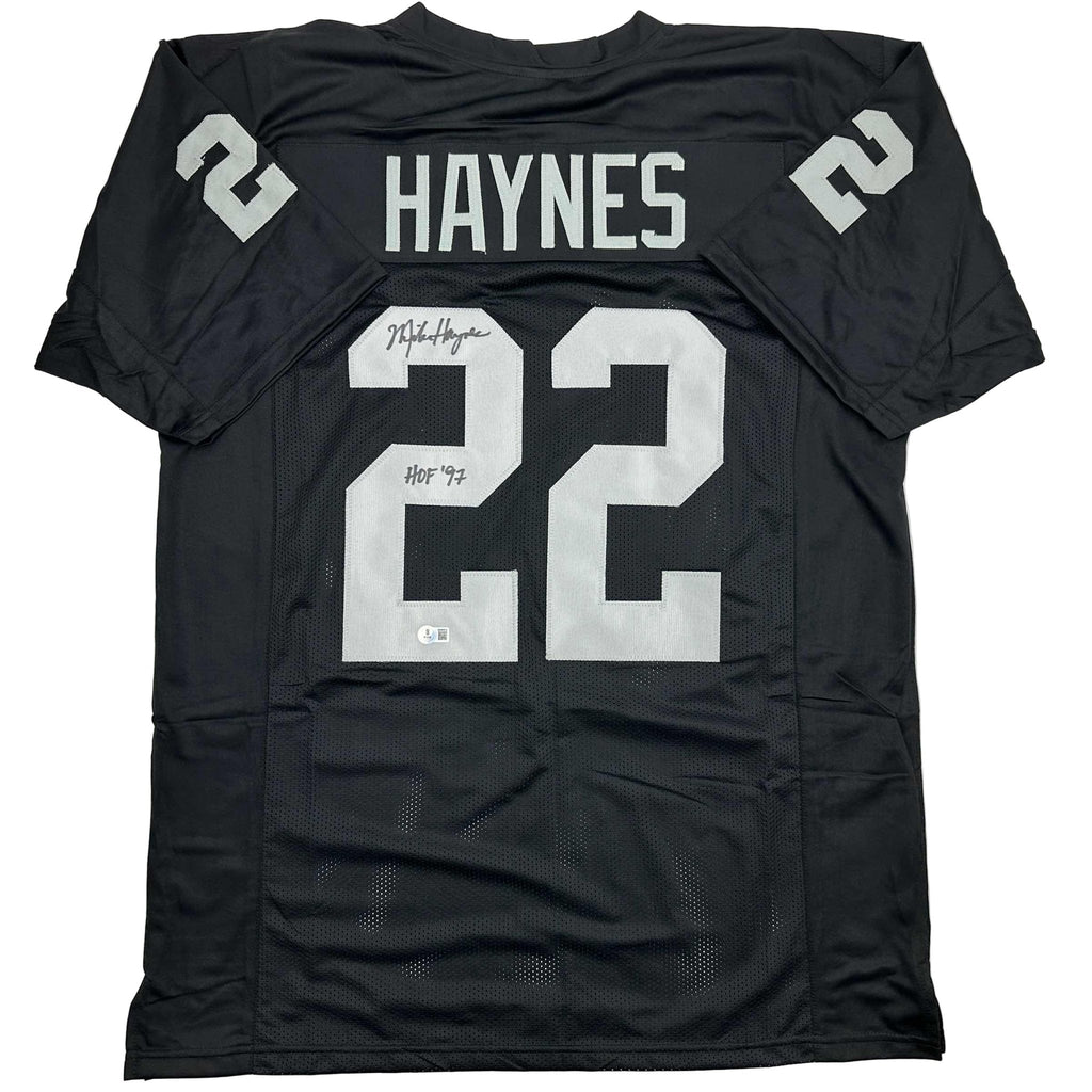 Autographed/Signed Michael Mike Haynes HOF 97 Oakland Black Football Jersey Beckett BAS COA