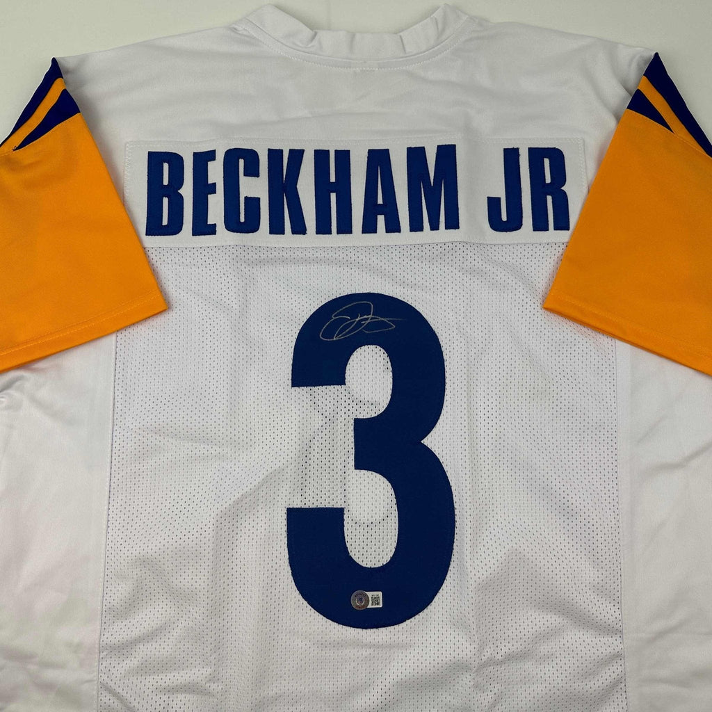 Autographed/Signed Odell Beckham Jr. OBJ Los Angeles LA White Football Jersey Beckett BAS COA