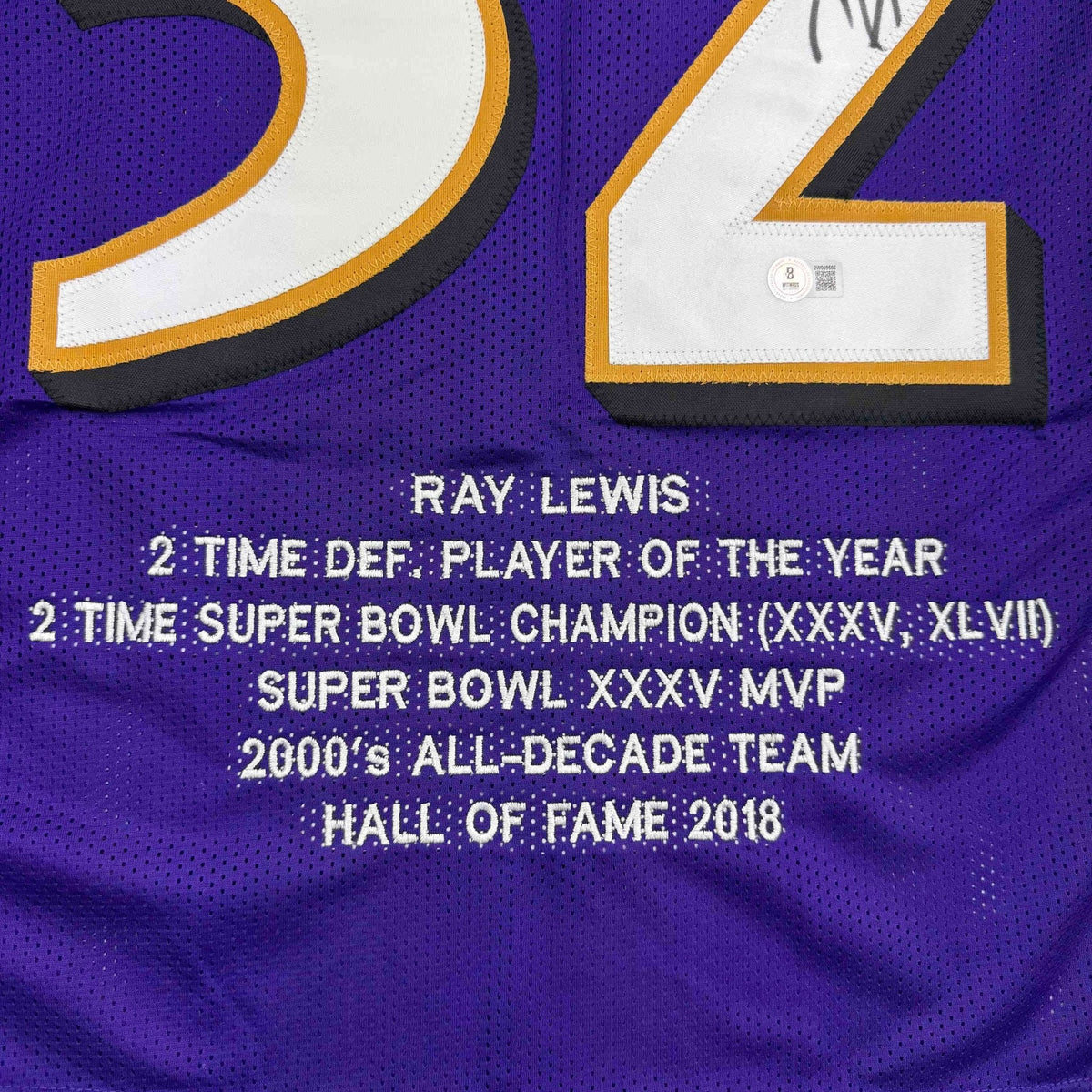 Autographed/Signed Ray Lewis Baltimore Purple Stat Football Jersey Beckett BAS COA