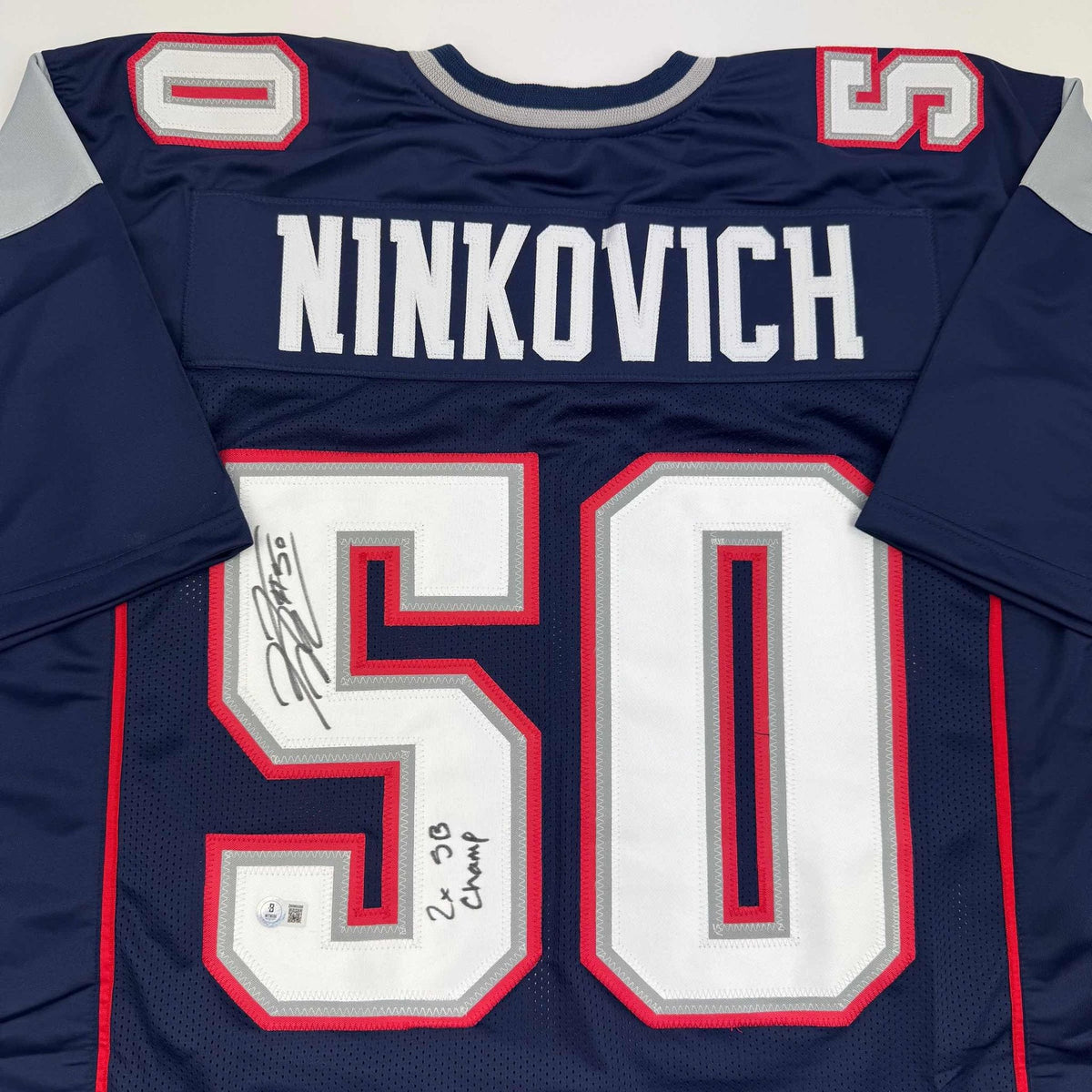 Autographed/Signed Rob Ninkovich "2x SB Champ" New England Blue Football Jersey Beckett BAS COA