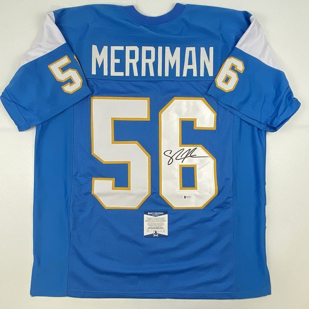 Autographed/Signed Shawne Merriman San Diego Powder Blue Football Jersey Beckett BAS COA