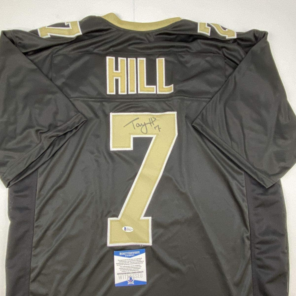 Autographed/Signed Taysom Hill New Orleans Black Football Jersey Beckett BAS COA