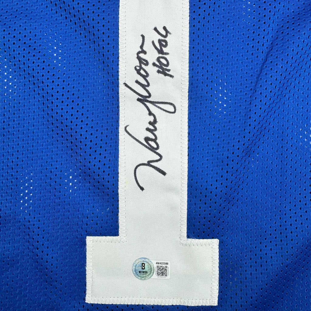 Autographed/Signed Warren Moon HOF 06 Seattle Blue Retro Football Jersey Beckett BAS COA