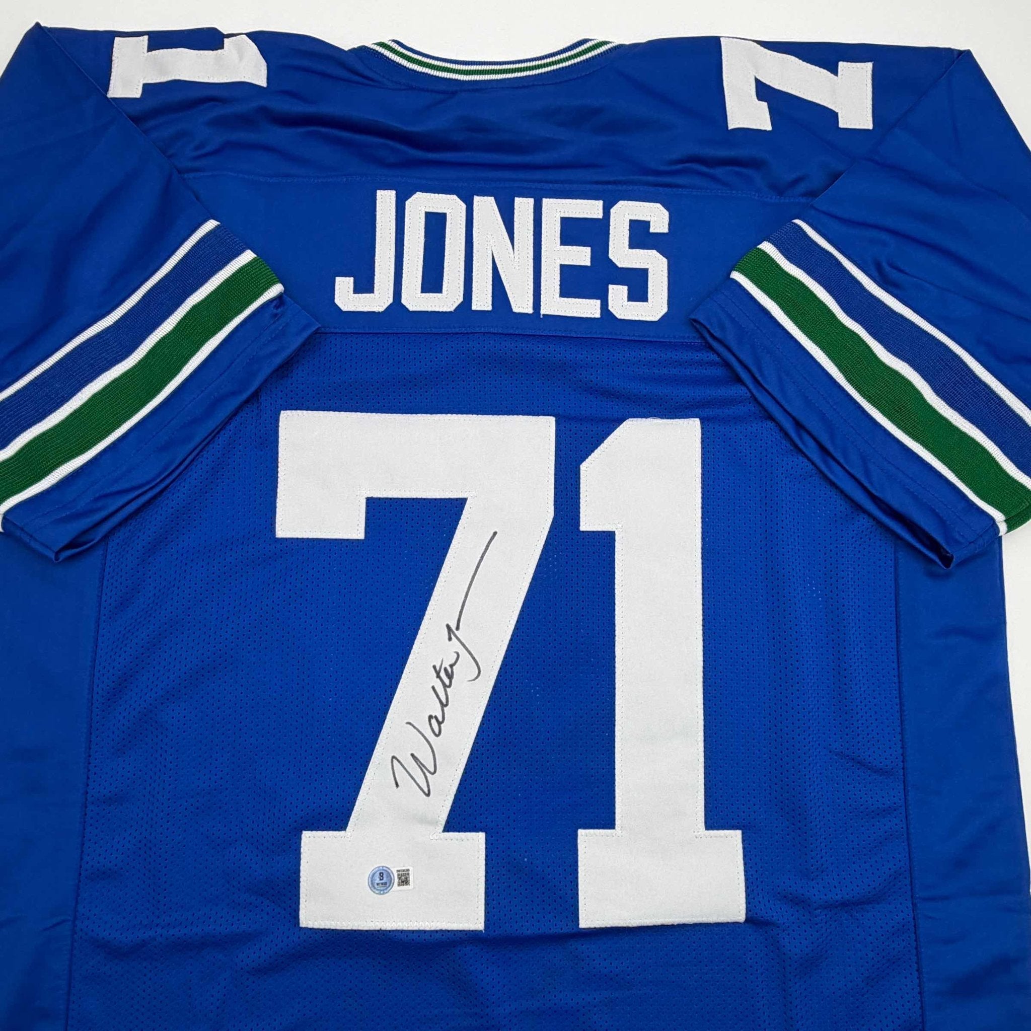 Autographed/Signed Walter Jones Seattle Blue Football Jersey JSA COA