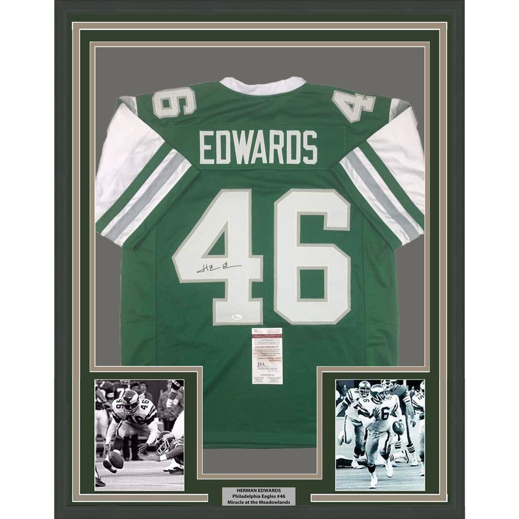 Framed Autographed/Signed Herman Herm Edwards 35x39 Philadelphia Green Football Jersey JSA COA