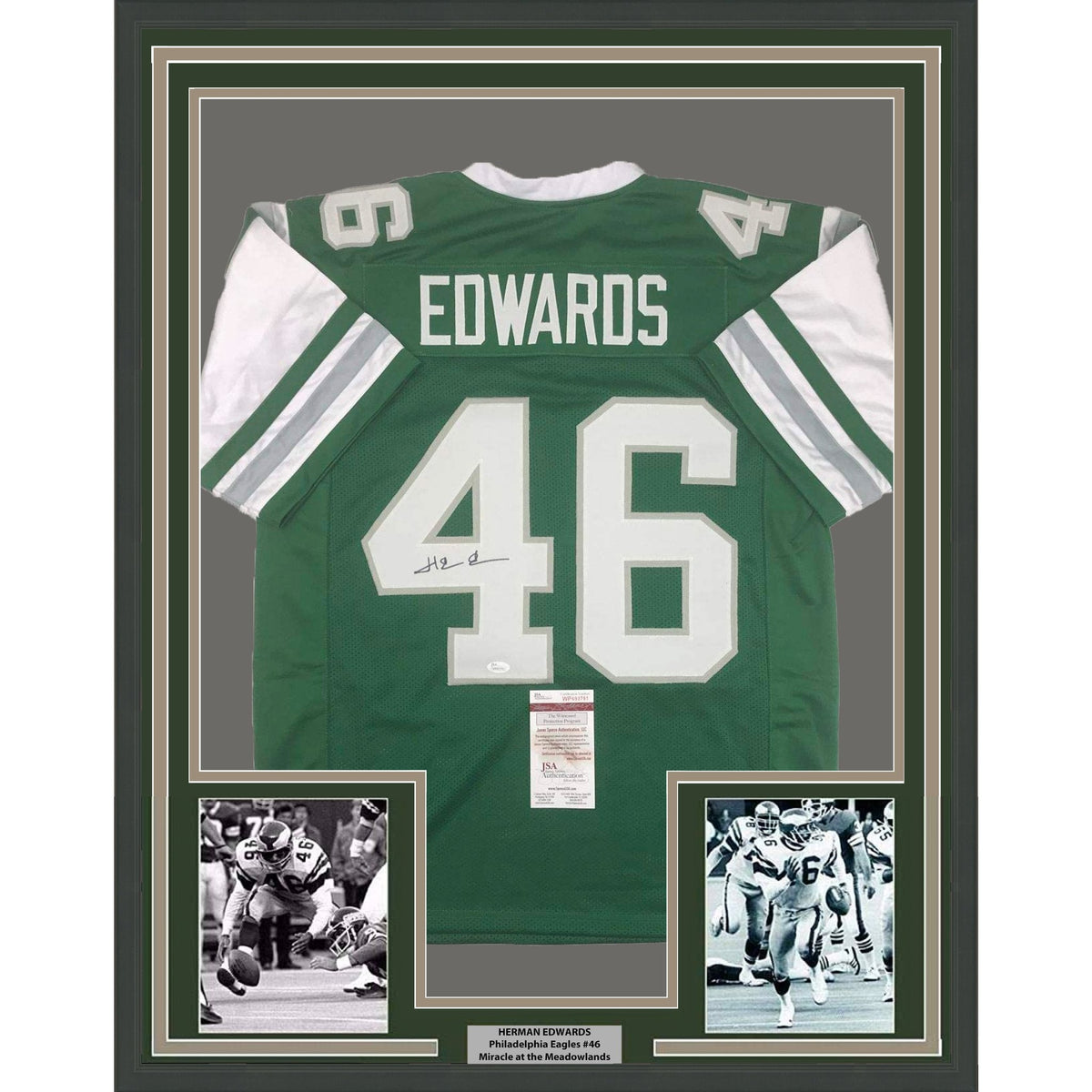 Framed Autographed/Signed Herman Herm Edwards 35x39 Philadelphia Green Football Jersey JSA COA