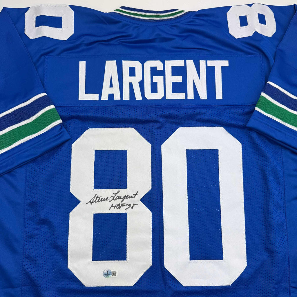 Autographed/Signed Steve Largent HOF 95 Seattle Blue Football Jersey Beckett BAS COA