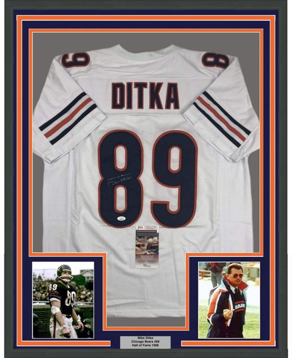 Framed Autographed/Signed Mike Ditka 35x39 Chicago White Football Jersey JSA COA