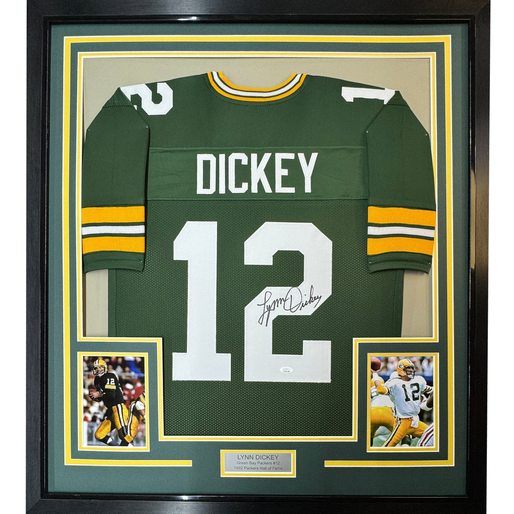 Framed Autographed/Signed Lynn Dickey 35x39 Green Bay Packers Green Football Jersey JSA COA