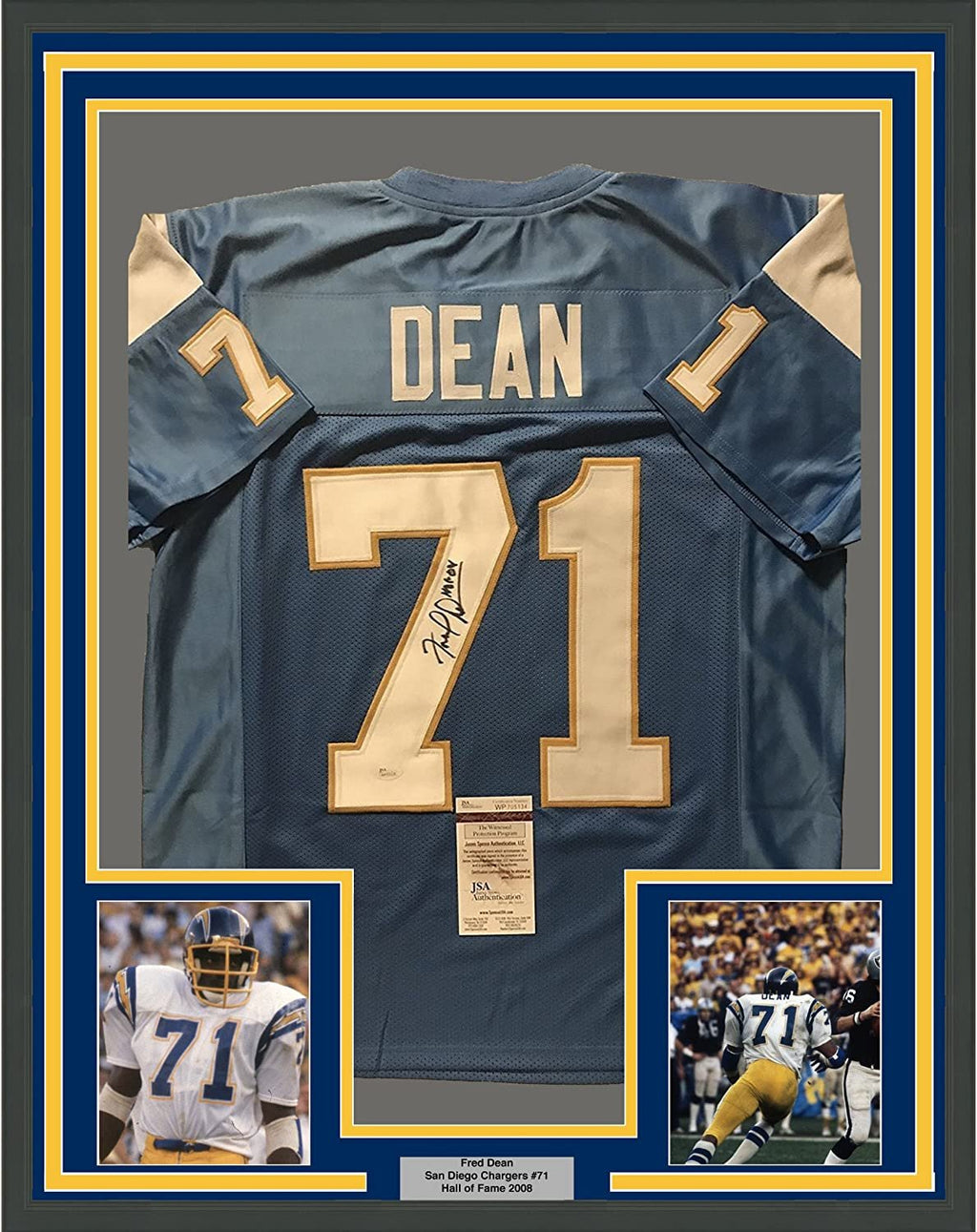 Framed Autographed/Signed Fred Dean HOF 08  35x39 San Diego Chargers Powder Blue Football Jersey JSA COA