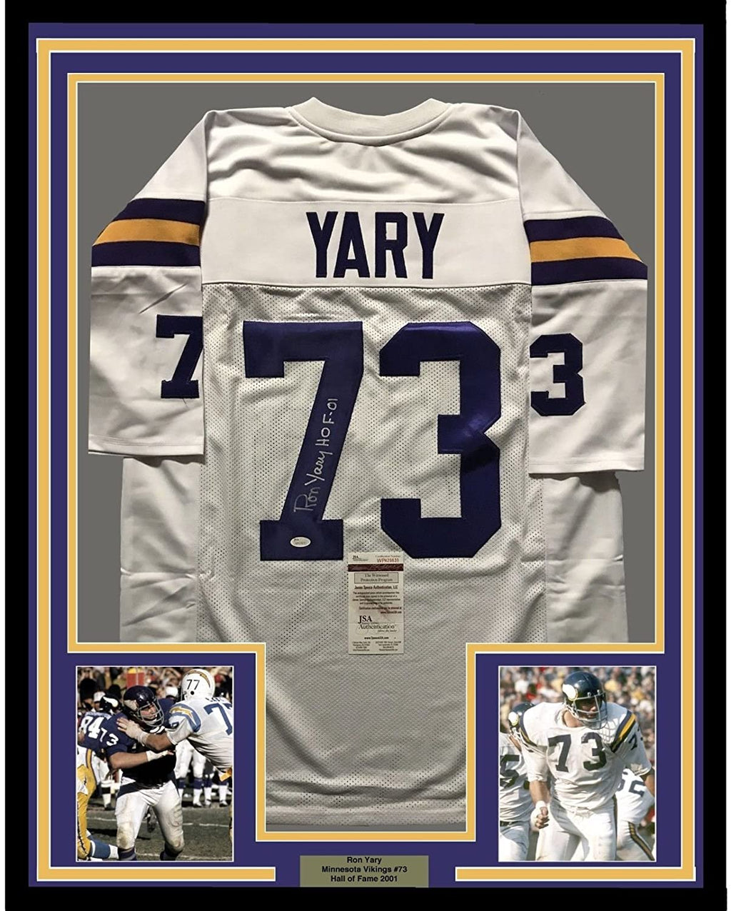 Framed Autographed/Signed Ron Yary HOF 01  35x39 Minnesota Vikings White Football Jersey JSA COA