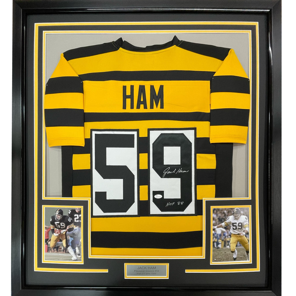 Framed Autographed/Signed Jack Ham HOF 88 35x39 Pittsburgh Bumble Bee Football Jersey JSA COA