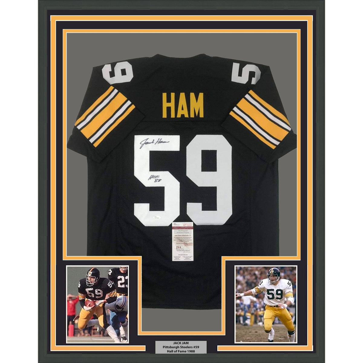 Framed Autographed/Signed Jack Ham HOF 88 35x39 Pittsburgh Black Football Jersey JSA COA