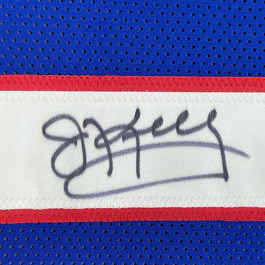 Framed Autographed/Signed Jim Kelly 35x39 Buffalo Blue Football Jersey JSA COA