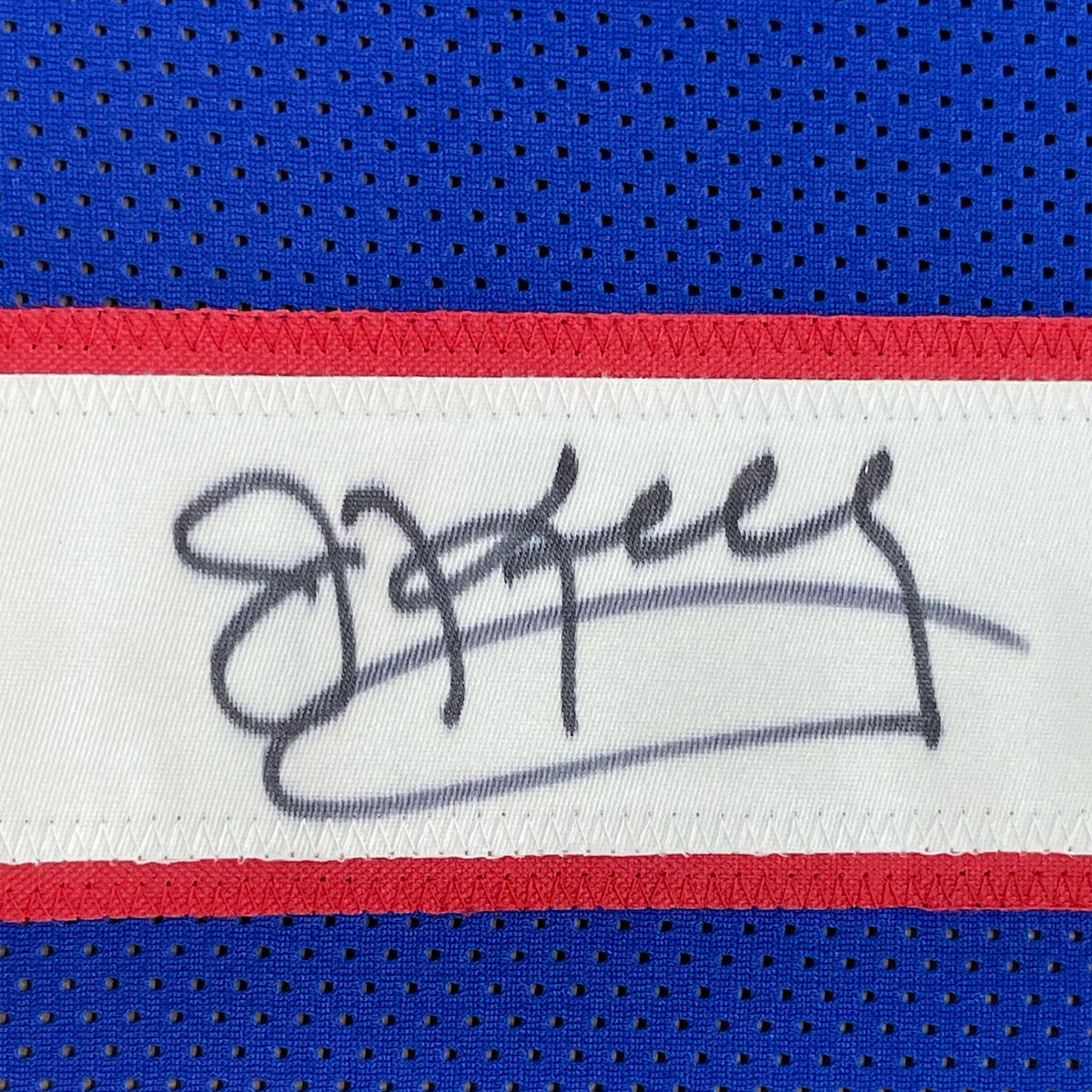 Framed Autographed/Signed Jim Kelly 35x39 Buffalo Blue Football Jersey JSA COA