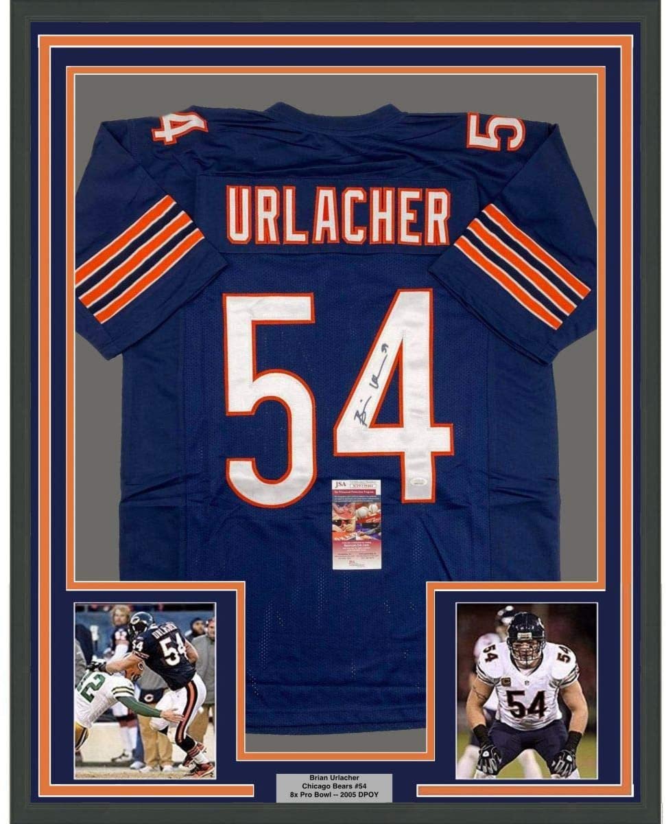 Framed Autographed/Signed Brian Urlacher 35x39 Chicago Bears Blue Football Jersey JSA COA