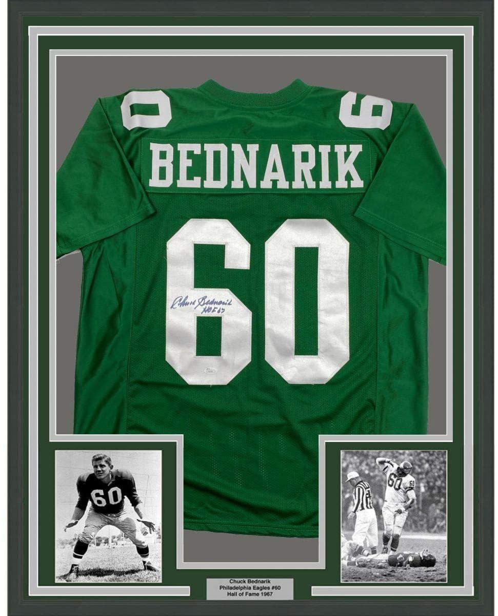 Framed Autographed/Signed Chuck Bednarik HOF 67 35x39 Philadelphia Kelly Green Football Jersey JSA COA